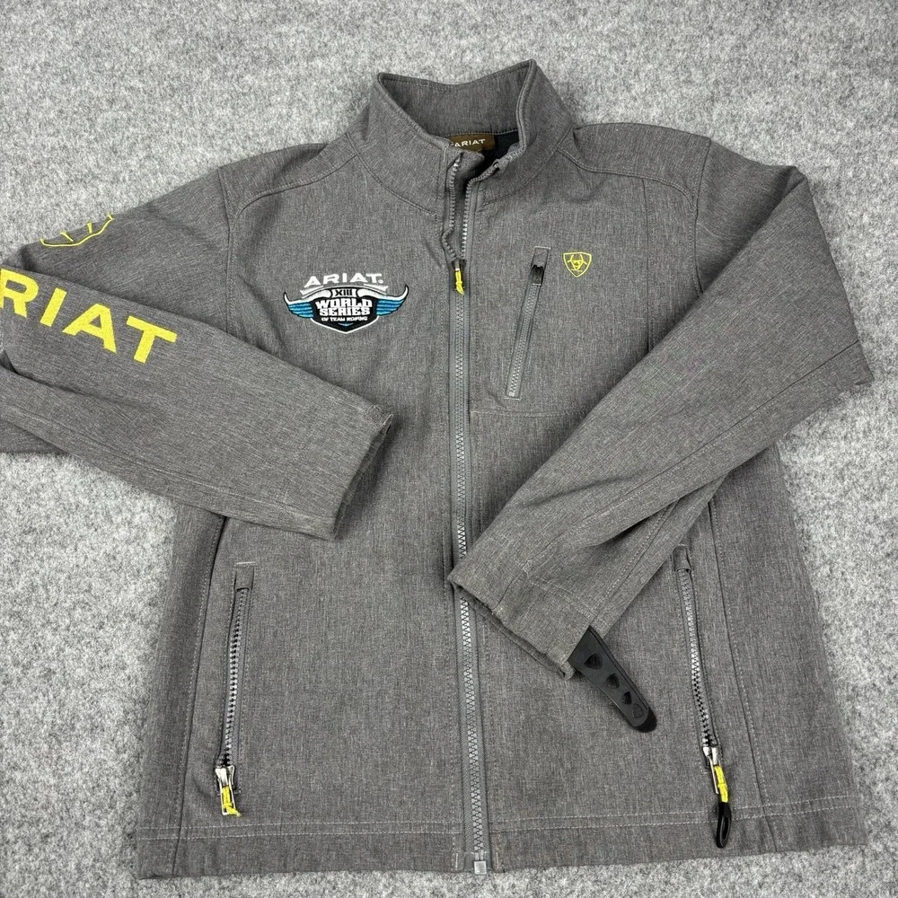 Ariat Jacket Boys Medium 10-12 Full Zip Gray World Series Roping Embroidered EUC